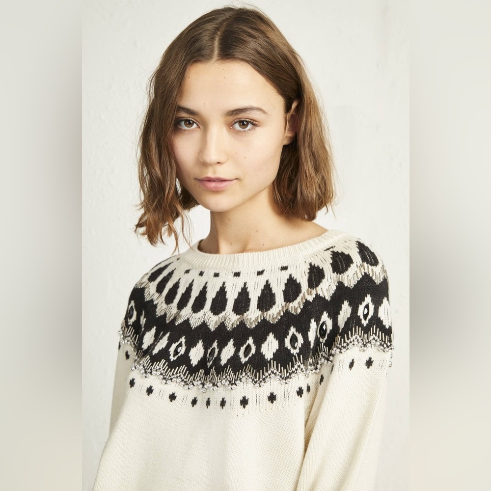 Gorgeous French connection Aztec print beaded sweater SZ L